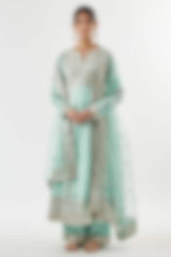 Light Blue Tussar Mirror Embroidered Wedding Anarkali Set by GOPI VAID at Pernia's Pop Up Shop