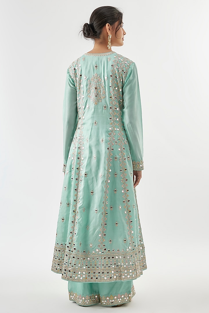 Light Blue Tussar Mirror Embroidered Wedding Anarkali Set by GOPI VAID at Pernia's Pop Up Shop