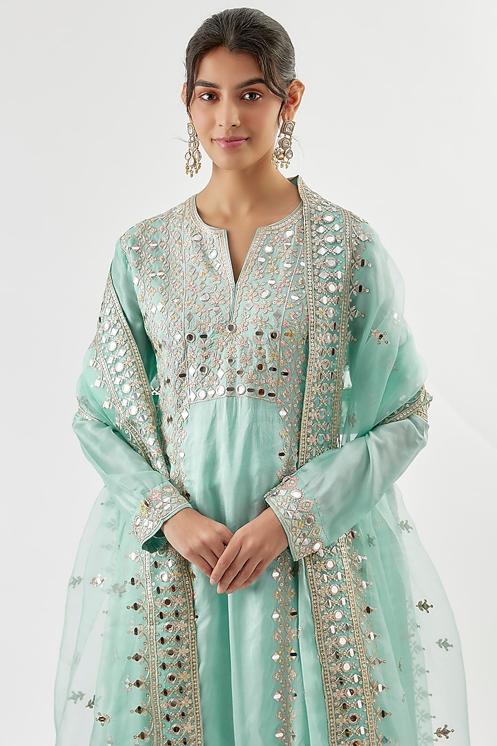 Light Blue Tussar Mirror Embroidered Wedding Anarkali Set by GOPI VAID at Pernia's Pop Up Shop