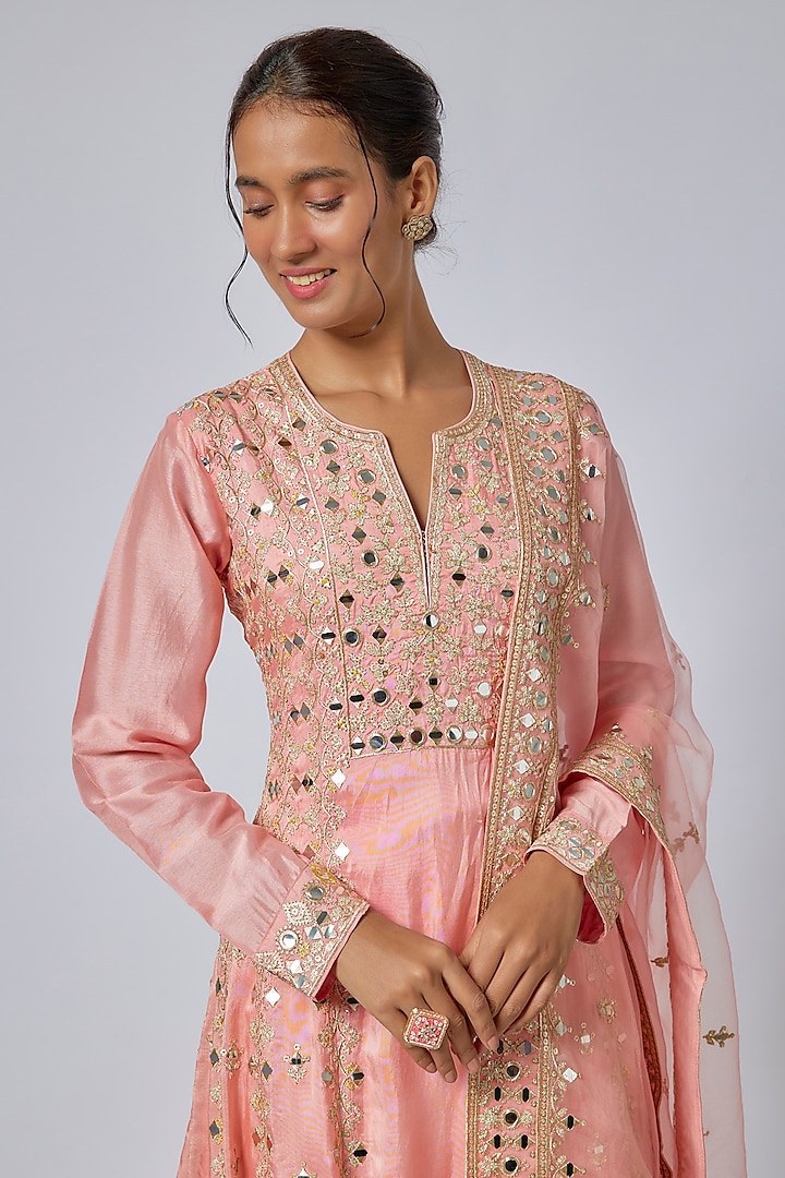 Pink Tussar Embroidered Wedding Anarkali Set by GOPI VAID at Pernia's Pop Up Shop