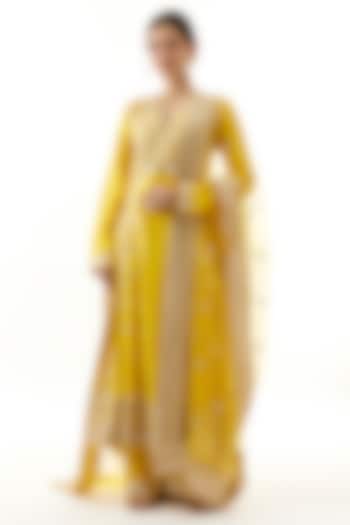 Yellow Tussar Mirror Embroidered Wedding Anarkali Set by Gopi Vaid at Pernia's Pop Up Shop