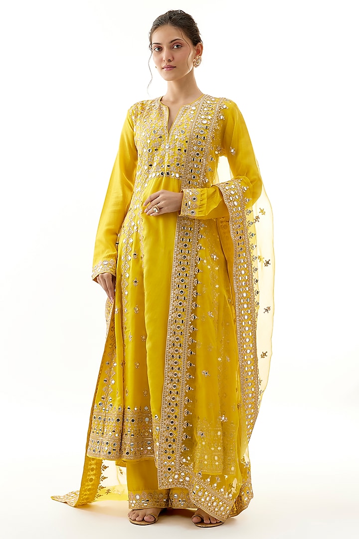 Yellow Tussar Mirror Embroidered Wedding Anarkali Set by Gopi Vaid at Pernia's Pop Up Shop