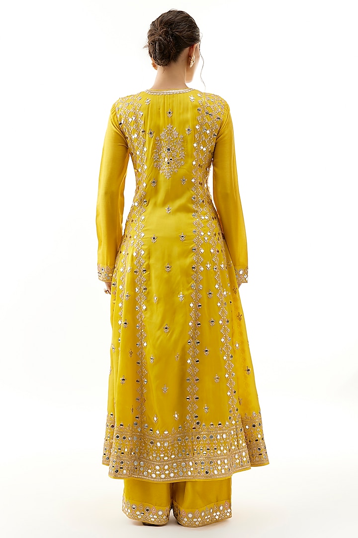 Yellow Tussar Mirror Embroidered Wedding Anarkali Set by Gopi Vaid at Pernia's Pop Up Shop