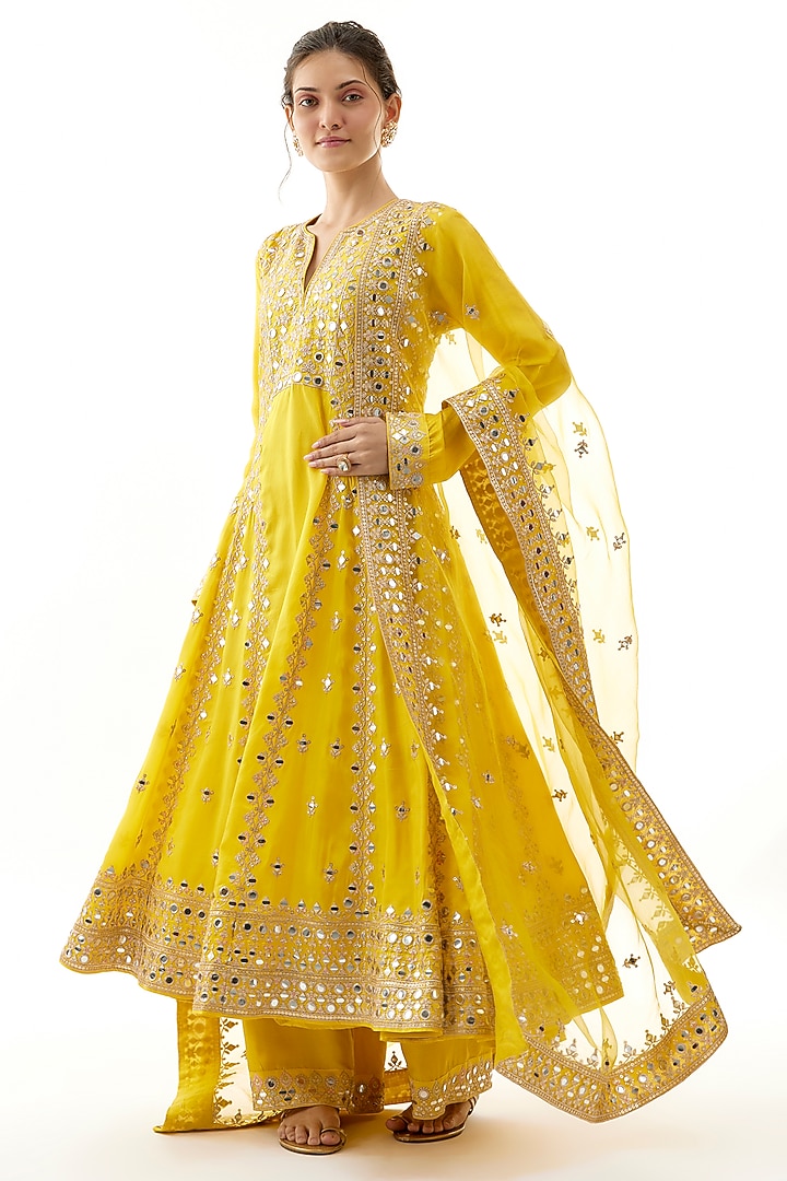Yellow Tussar Mirror Embroidered Wedding Anarkali Set by Gopi Vaid at Pernia's Pop Up Shop