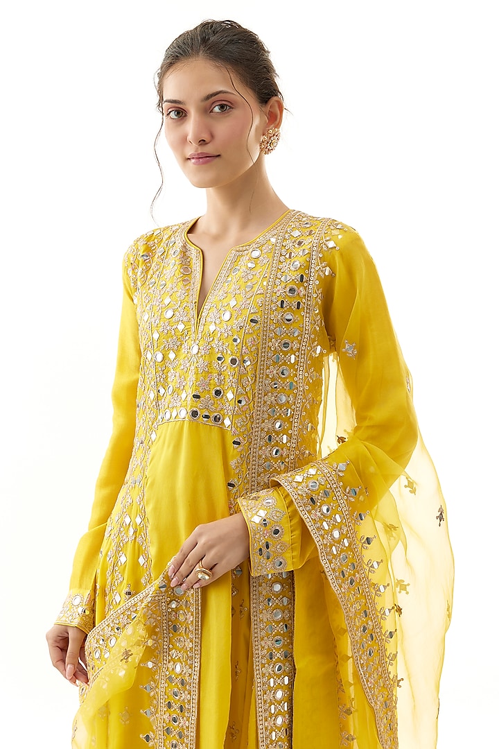 Yellow Tussar Mirror Embroidered Wedding Anarkali Set by Gopi Vaid at Pernia's Pop Up Shop