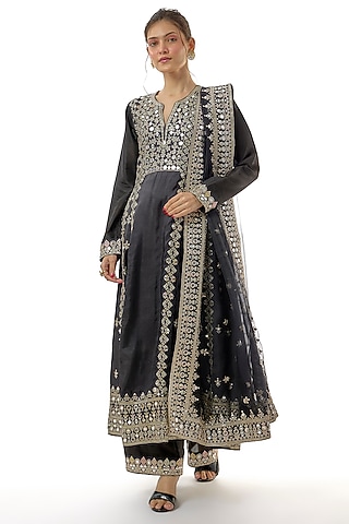 Black Tussar Mirror Embroidered Anarkali Set by GOPI VAID
