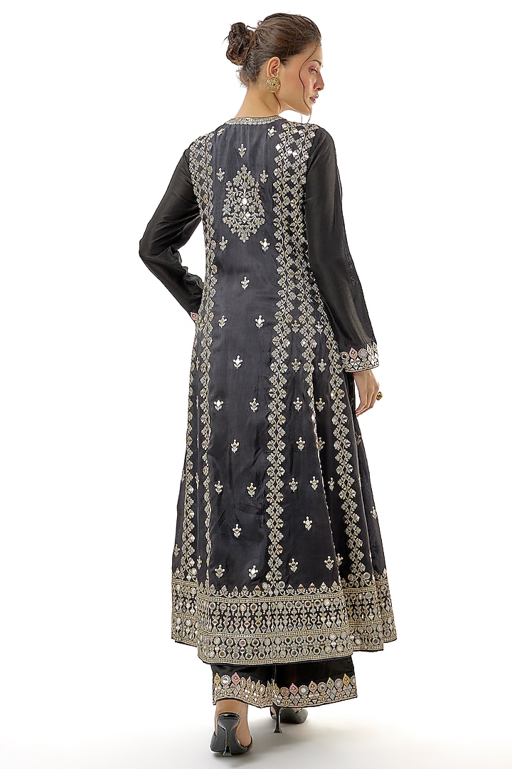 Black Tussar Mirror Embroidered Wedding Anarkali Set by GOPI VAID at Pernia's Pop Up Shop