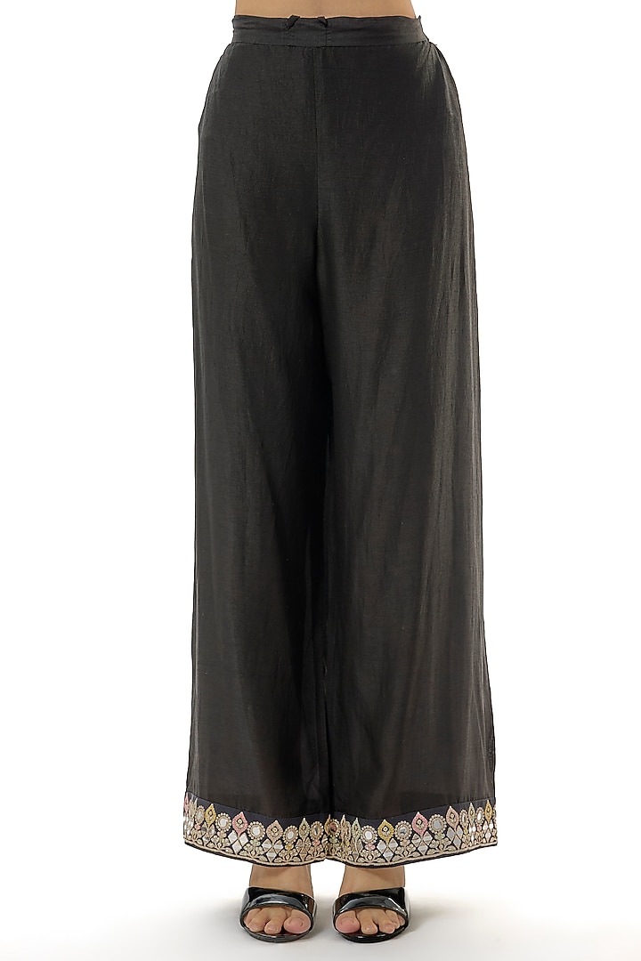 Black Tussar Mirror Embroidered Wedding Anarkali Set by GOPI VAID at Pernia's Pop Up Shop