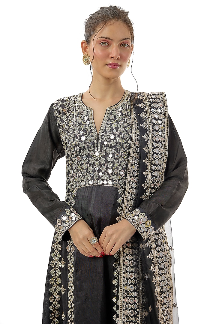 Black Tussar Mirror Embroidered Wedding Anarkali Set by GOPI VAID at Pernia's Pop Up Shop