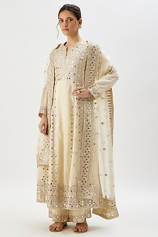 Ivory Tussar Mirror Embroidered Anarkali Set by GOPI VAID