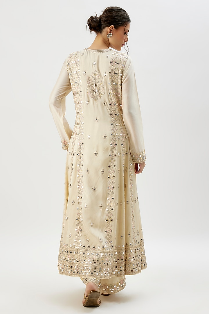 Ivory Tussar Mirror Embroidered Wedding Anarkali Set by GOPI VAID at Pernia's Pop Up Shop