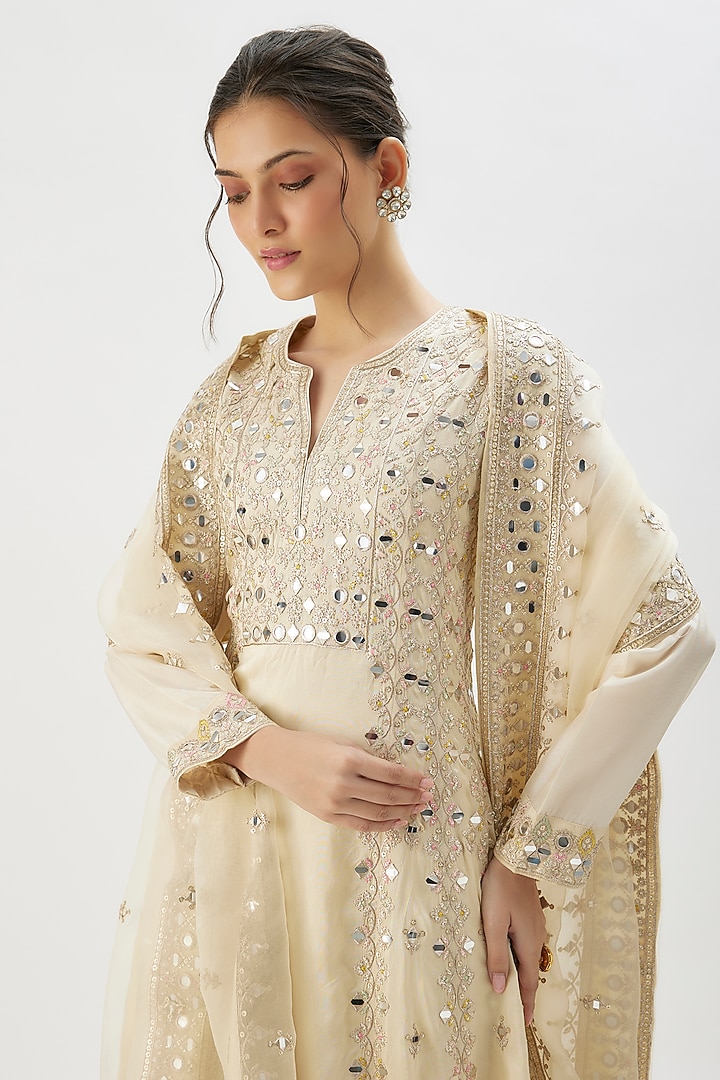 Ivory Tussar Mirror Embroidered Wedding Anarkali Set by GOPI VAID at Pernia's Pop Up Shop