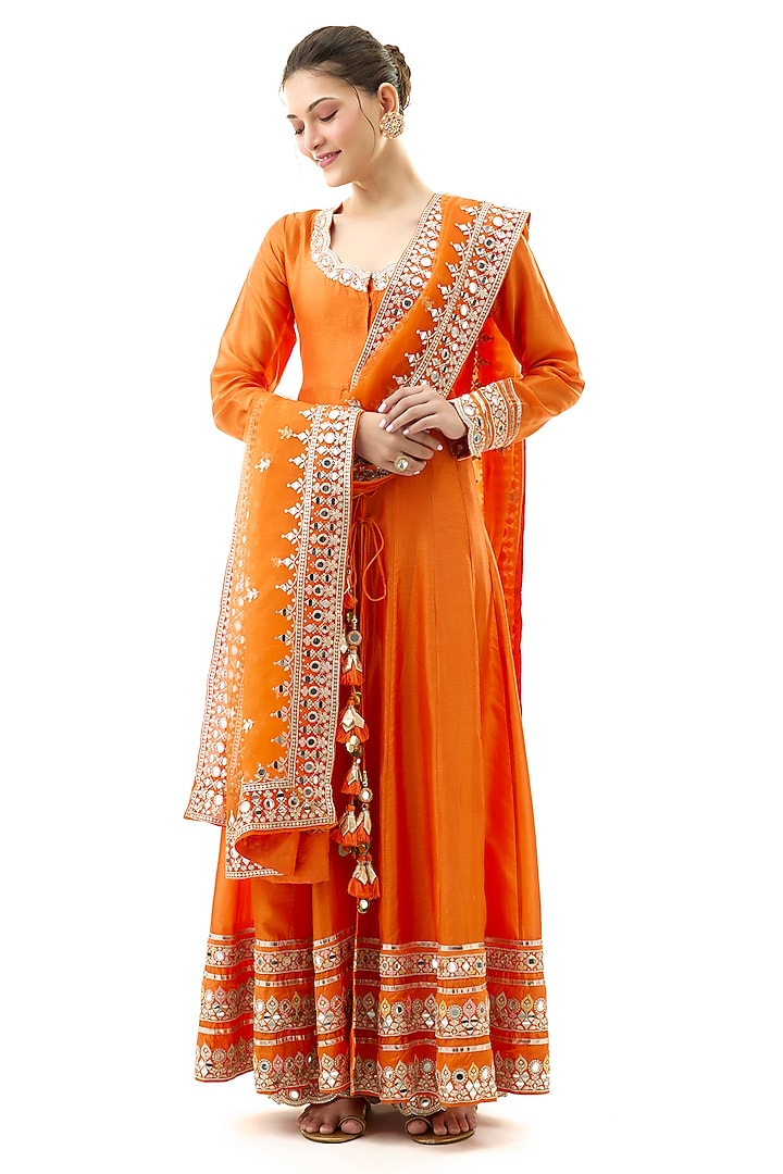 Orange Tussar Mirror Embroidered Wedding Anarkali Set by GOPI VAID at Pernia's Pop Up Shop
