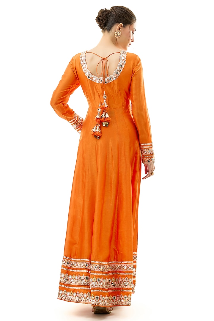 Orange Tussar Mirror Embroidered Wedding Anarkali Set by GOPI VAID at Pernia's Pop Up Shop