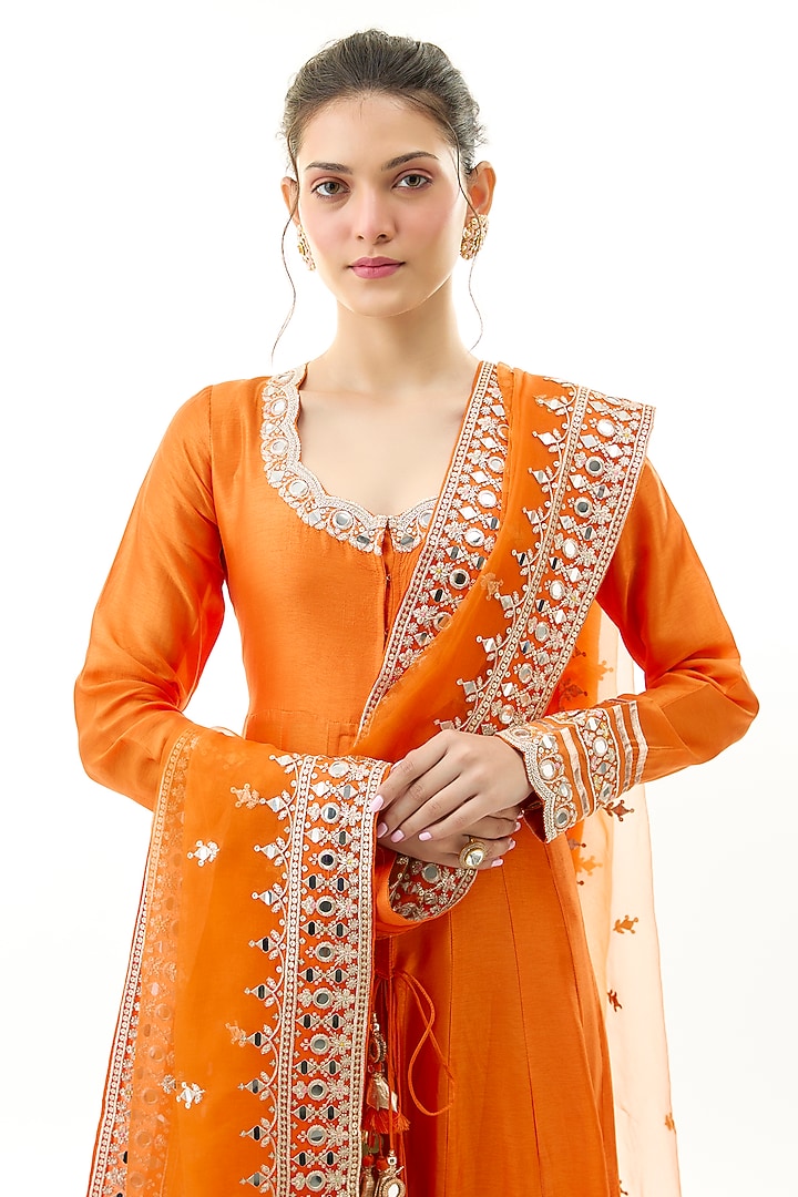Orange Tussar Mirror Embroidered Wedding Anarkali Set by GOPI VAID at Pernia's Pop Up Shop