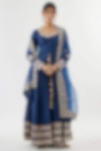 Blue Tussar Mirror Embroidered Wedding Anarkali Set by GOPI VAID at Pernia's Pop Up Shop