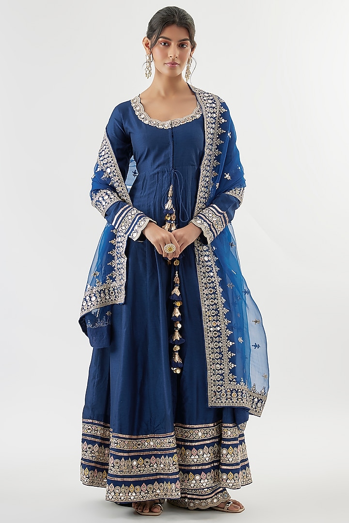 Blue Tussar Mirror Embroidered Wedding Anarkali Set by GOPI VAID at Pernia's Pop Up Shop