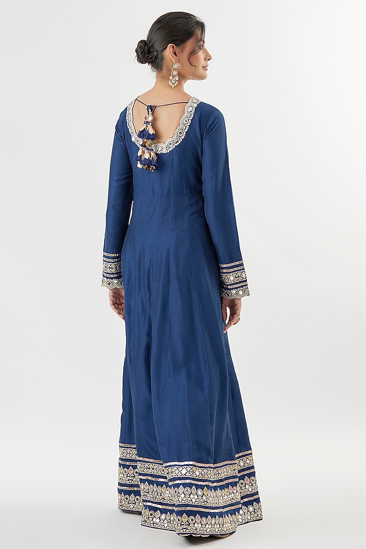 Blue Tussar Mirror Embroidered Wedding Anarkali Set by GOPI VAID at Pernia's Pop Up Shop