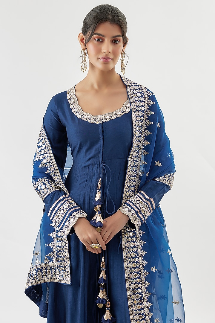 Blue Tussar Mirror Embroidered Wedding Anarkali Set by GOPI VAID at Pernia's Pop Up Shop