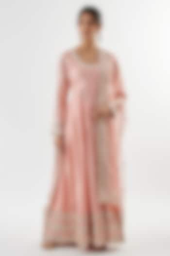 Light Pink Tussar Mirror Embroidered Wedding Anarkali Set by GOPI VAID at Pernia's Pop Up Shop