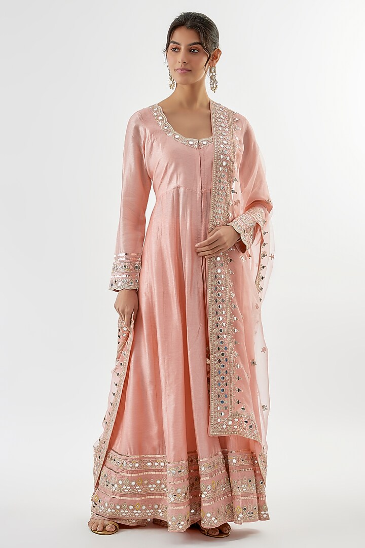 Light Pink Tussar Mirror Embroidered Wedding Anarkali Set by GOPI VAID at Pernia's Pop Up Shop