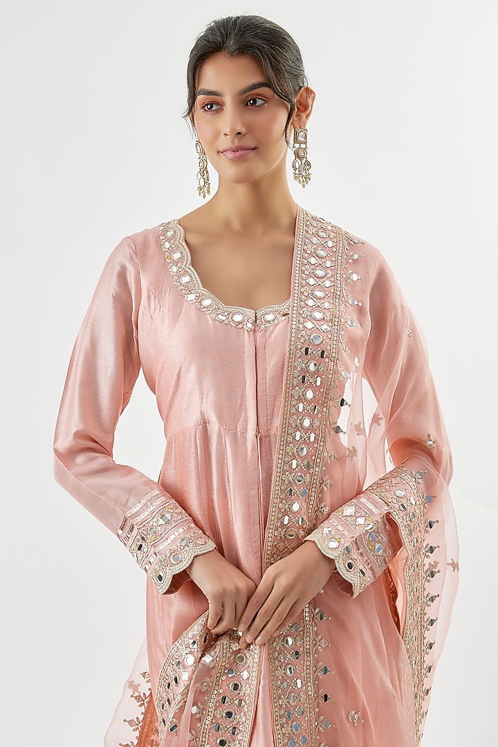 Light Pink Tussar Mirror Embroidered Wedding Anarkali Set by GOPI VAID at Pernia's Pop Up Shop