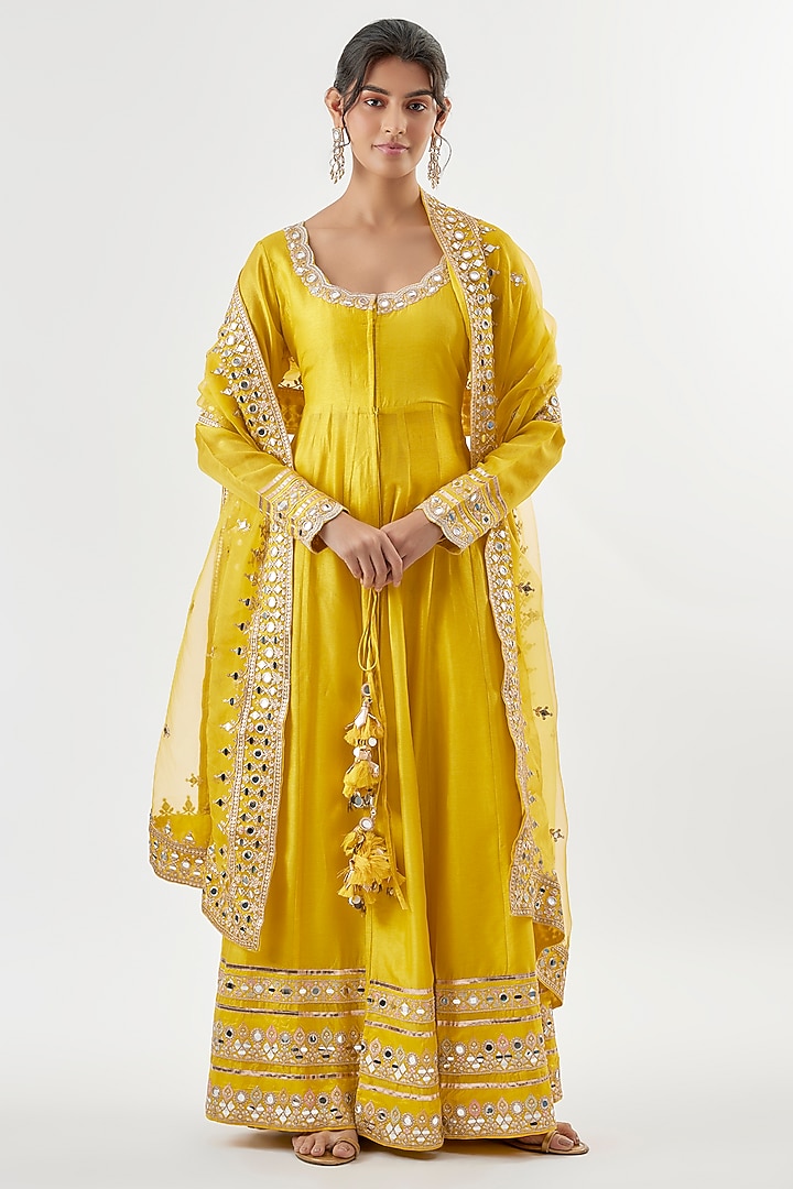 Yellow Tussar Mirror Embroidered Wedding Anarkali Set by GOPI VAID at Pernia's Pop Up Shop