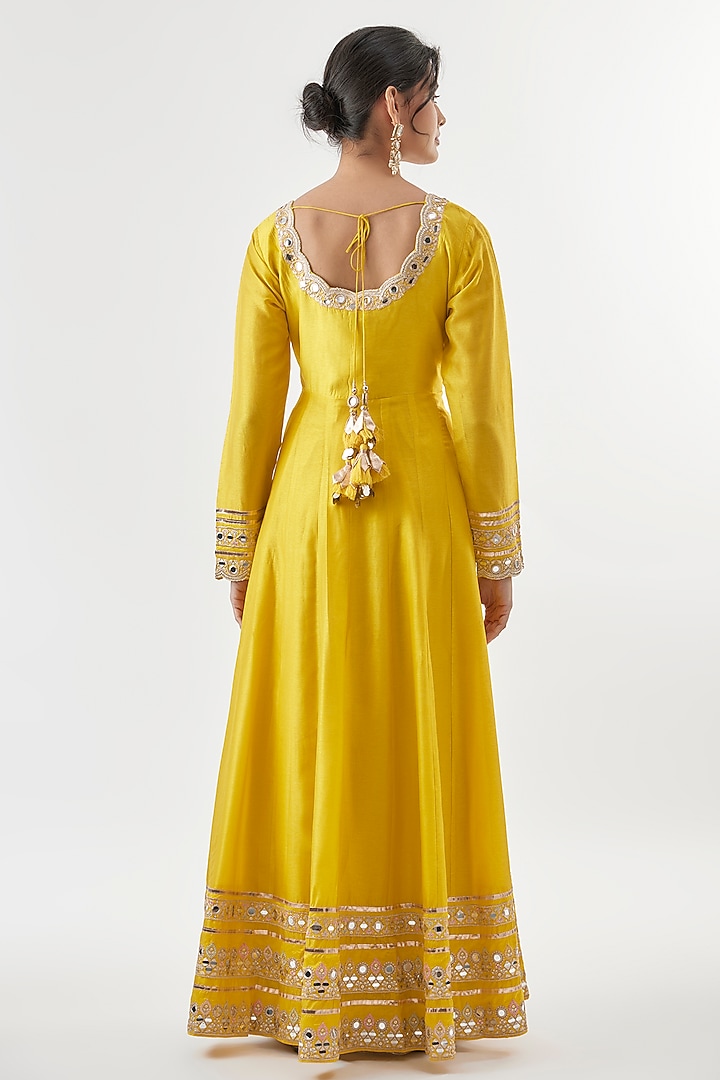 Yellow Tussar Mirror Embroidered Wedding Anarkali Set by GOPI VAID at Pernia's Pop Up Shop