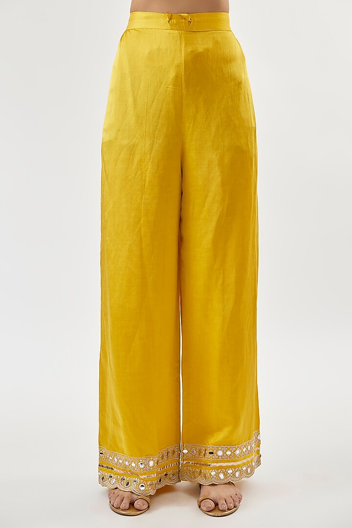 Yellow Tussar Mirror Embroidered Wedding Anarkali Set by GOPI VAID at Pernia's Pop Up Shop