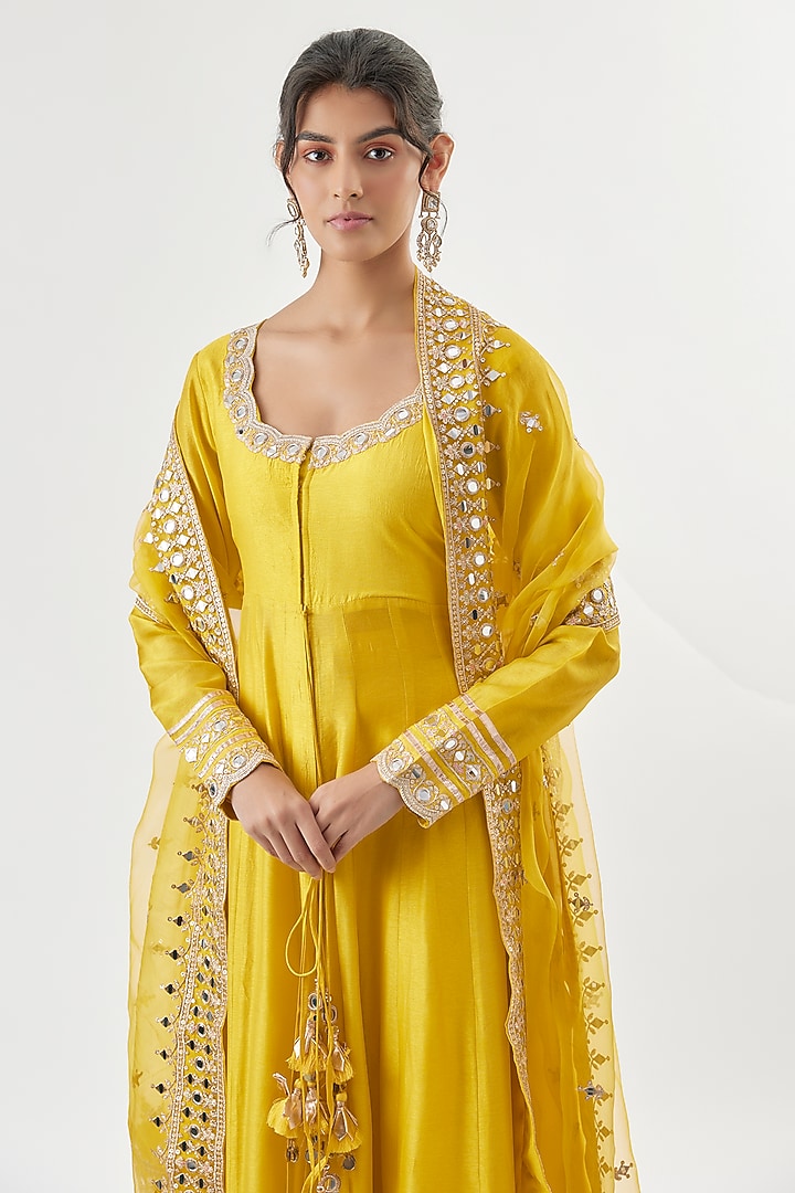 Yellow Tussar Mirror Embroidered Wedding Anarkali Set by GOPI VAID at Pernia's Pop Up Shop