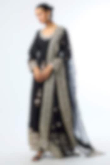 Black Tussar Mirror Embroidered Wedding Anarkali Set by GOPI VAID at Pernia's Pop Up Shop