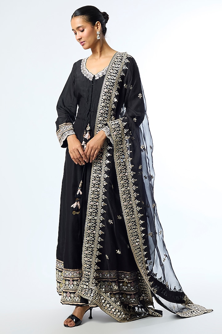 Black Tussar Mirror Embroidered Wedding Anarkali Set by GOPI VAID at Pernia's Pop Up Shop