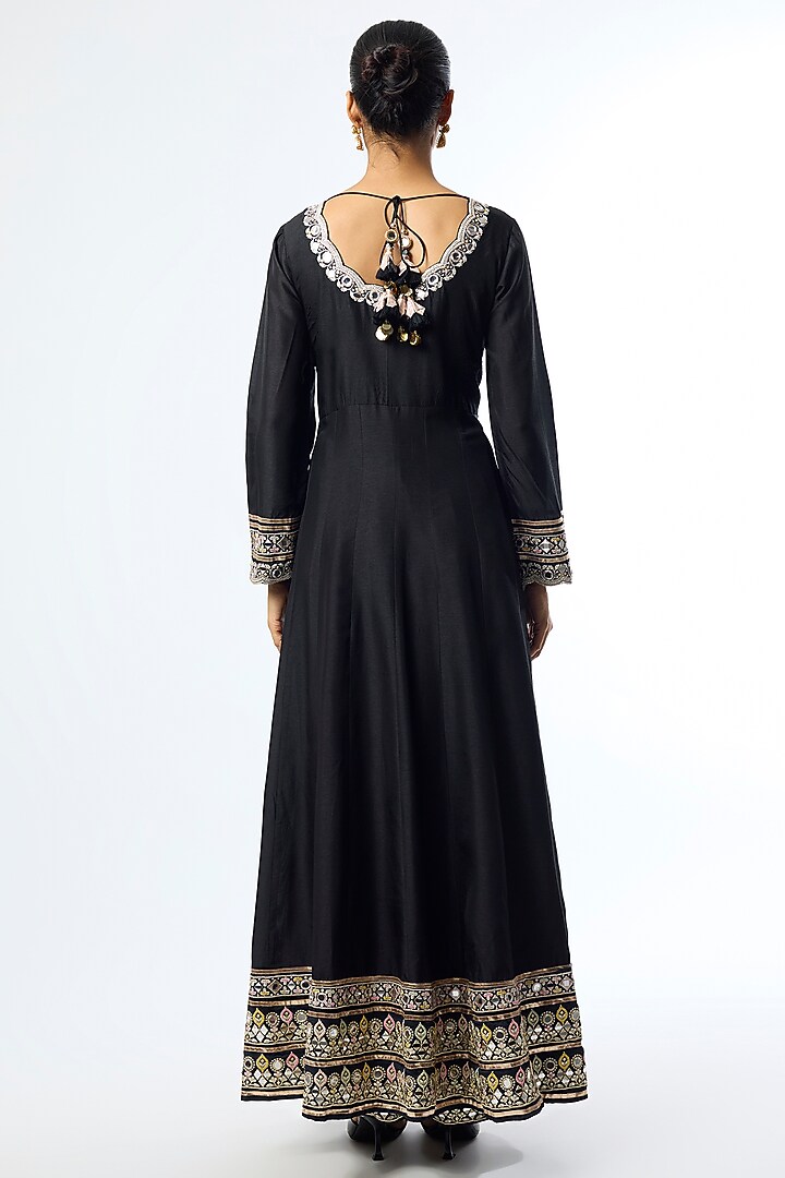 Black Tussar Mirror Embroidered Wedding Anarkali Set by GOPI VAID at Pernia's Pop Up Shop