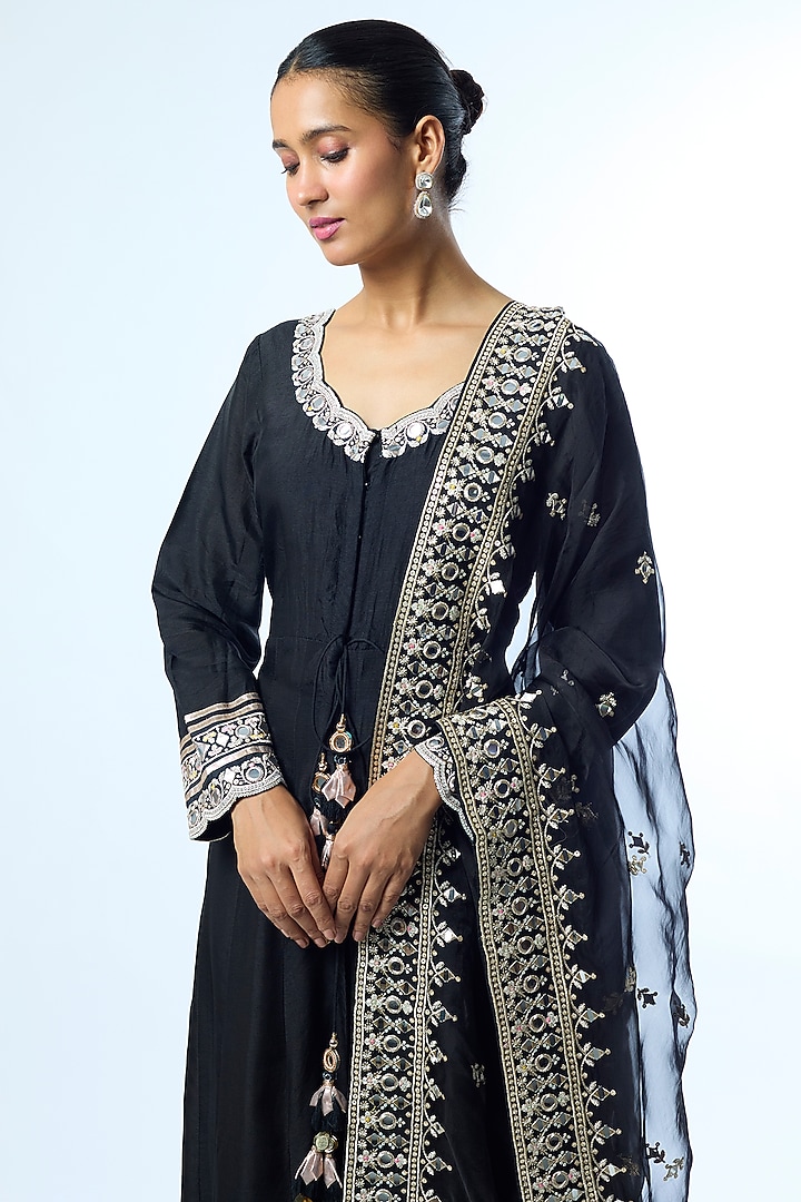 Black Tussar Mirror Embroidered Wedding Anarkali Set by GOPI VAID at Pernia's Pop Up Shop