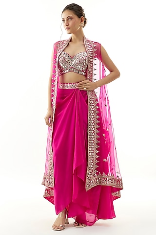 Pink Crepe Draped Skirt Set by Gopi Vaid