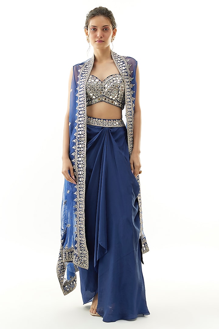 Blue Crepe Draped Skirt Set by Gopi Vaid at Pernia's Pop Up Shop