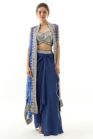 Blue Crepe Draped Skirt Set by Gopi Vaid