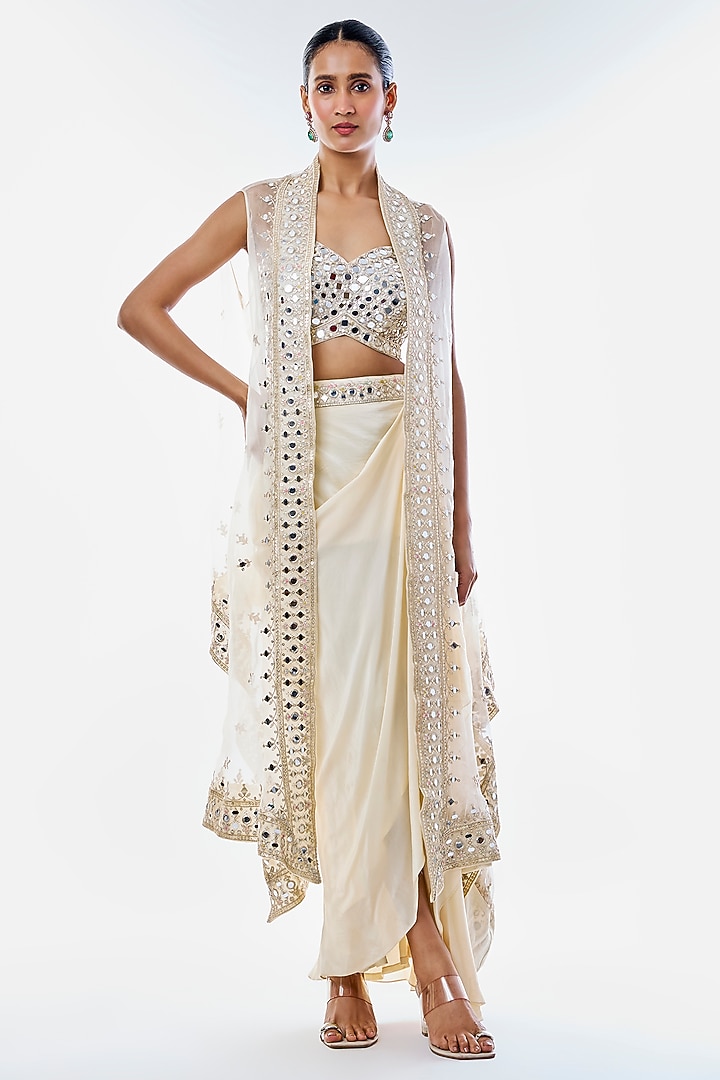 Ivory Crepe Draped Skirt Set by GOPI VAID at Pernia's Pop Up Shop
