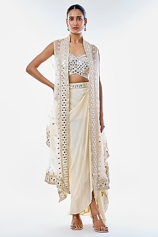 Ivory Crepe Draped Skirt Set by GOPI VAID