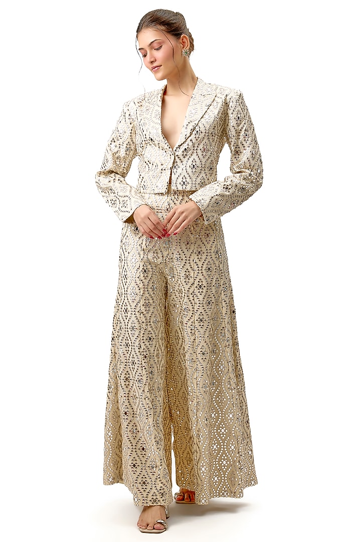 Ivory Tussar Embroidered Blazer Set by GOPI VAID at Pernia's Pop Up Shop