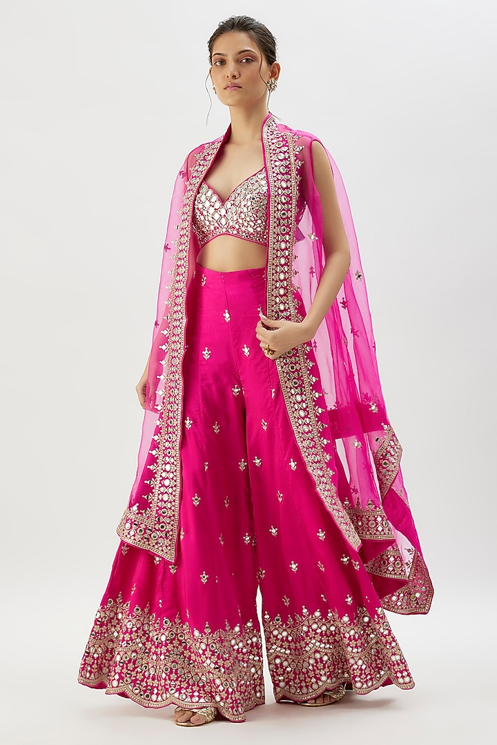 Pink Tussar Mirror Hand Embroidered Cape Set by GOPI VAID at Pernia's Pop Up Shop