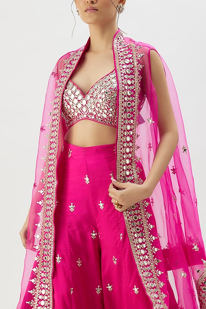 Pink Tussar Mirror Hand Embroidered Cape Set by GOPI VAID at Pernia's Pop Up Shop