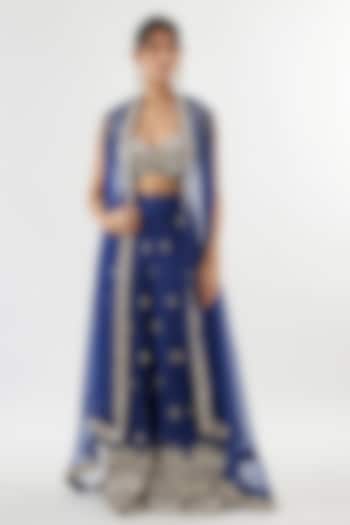 Blue Tussar Mirror Hand Embroidered Cape Set by GOPI VAID at Pernia's Pop Up Shop