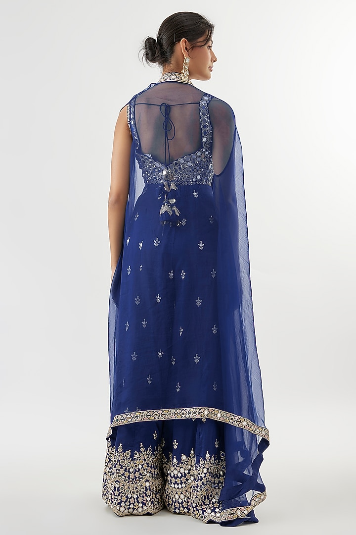 Blue Tussar Mirror Hand Embroidered Cape Set by GOPI VAID at Pernia's Pop Up Shop