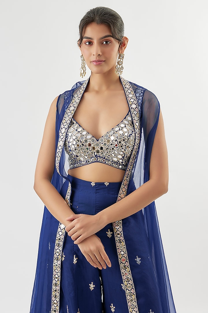 Blue Tussar Mirror Hand Embroidered Cape Set by GOPI VAID at Pernia's Pop Up Shop