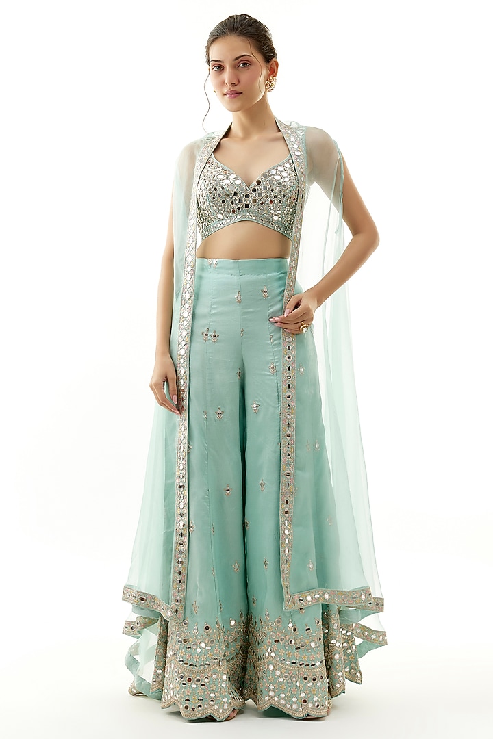 Blue Organza Mirror Hand Embroidered Cape Set by Gopi Vaid at Pernia's Pop Up Shop