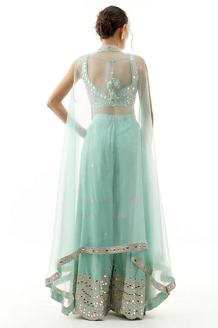 Blue Organza Mirror Hand Embroidered Cape Set by Gopi Vaid at Pernia's Pop Up Shop