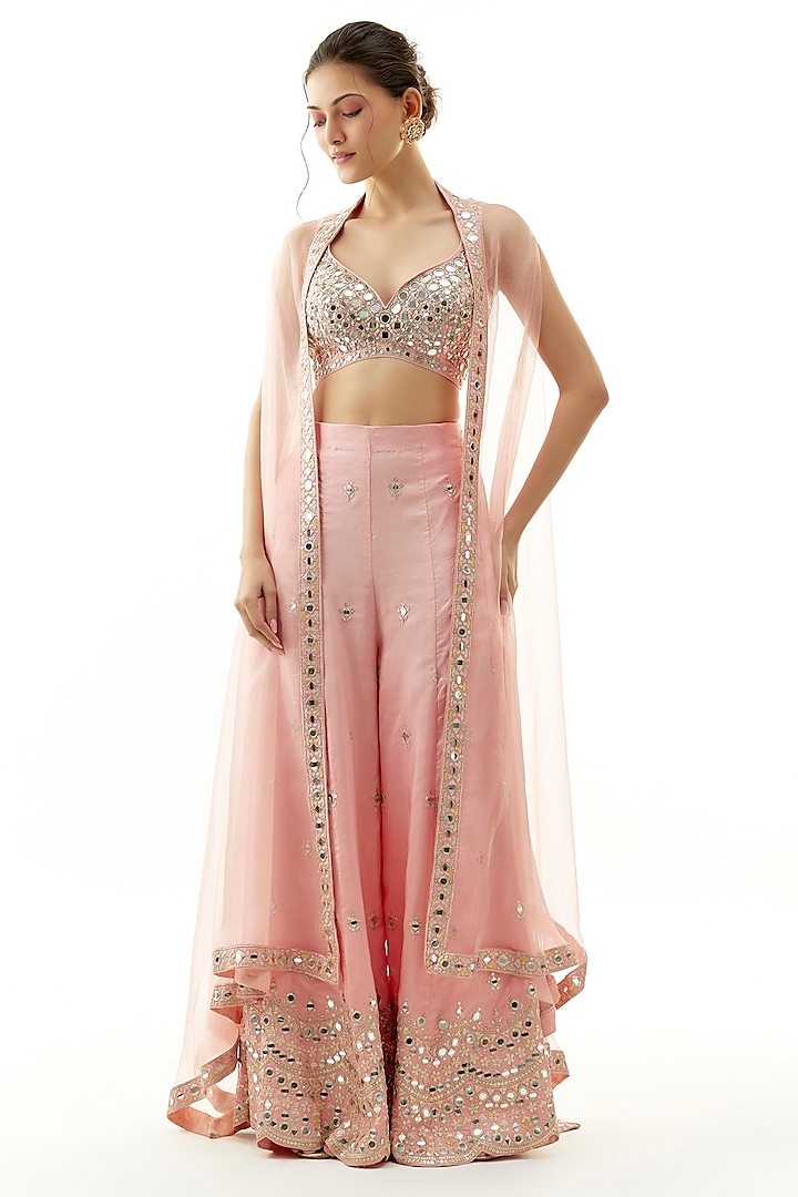 Pink Organza Mirror Hand Embroidered Cape Set by Gopi Vaid at Pernia's Pop Up Shop