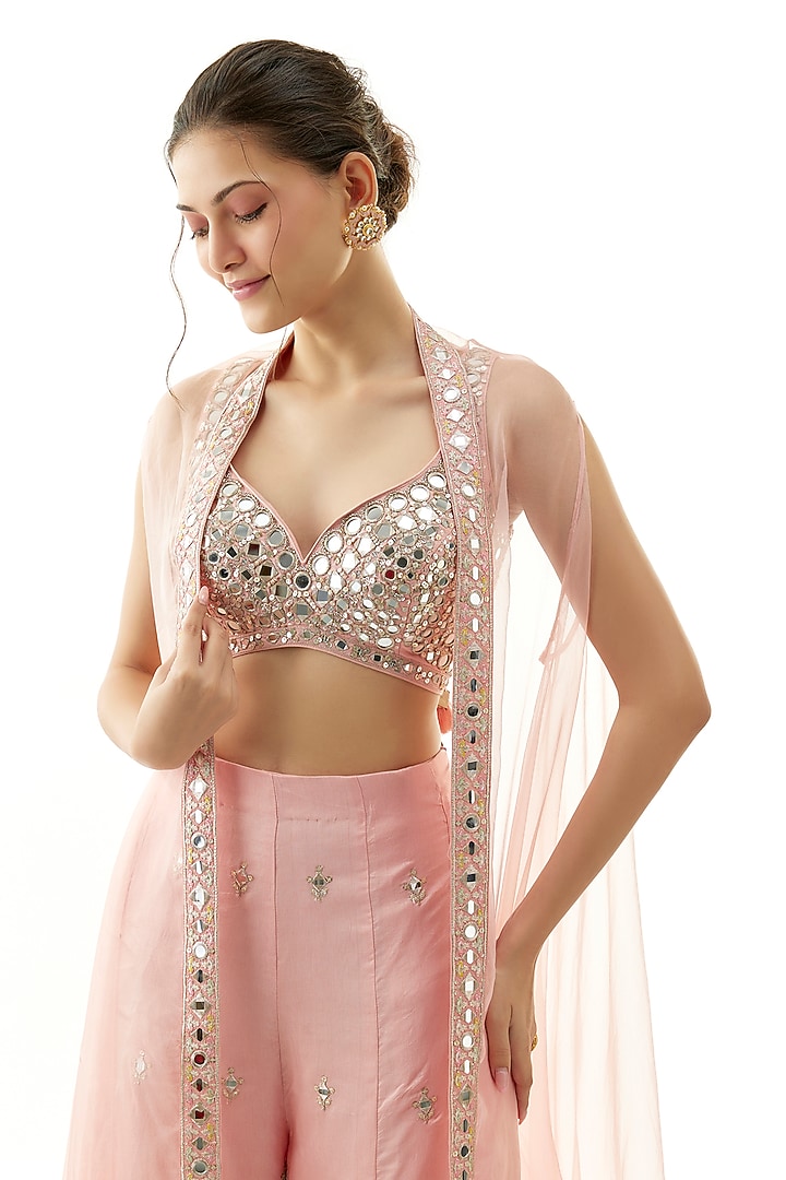 Pink Organza Mirror Hand Embroidered Cape Set by Gopi Vaid at Pernia's Pop Up Shop