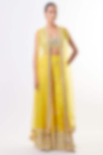 Yellow Tussar Embroidered Flared Pant Set by GOPI VAID at Pernia's Pop Up Shop